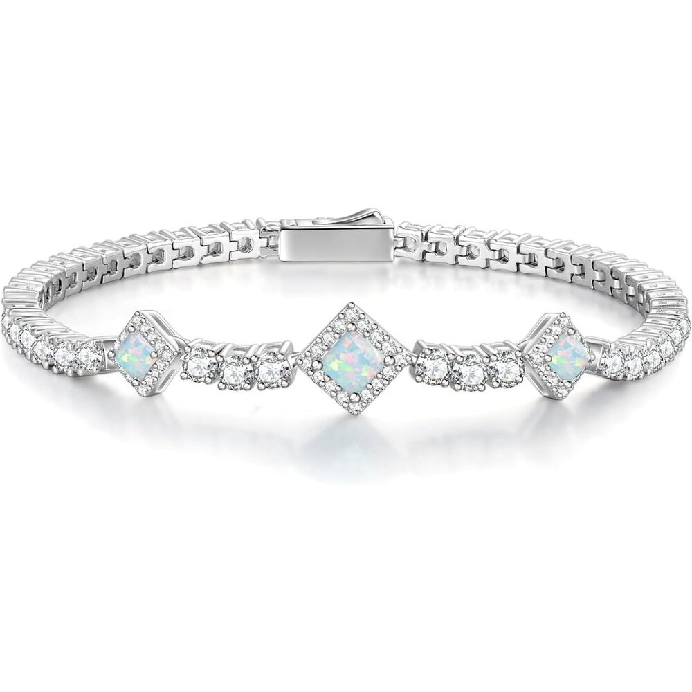 Birthstone 4mm Sterling Silver Tennis Square Gemstone Bracelet - 10-Opal